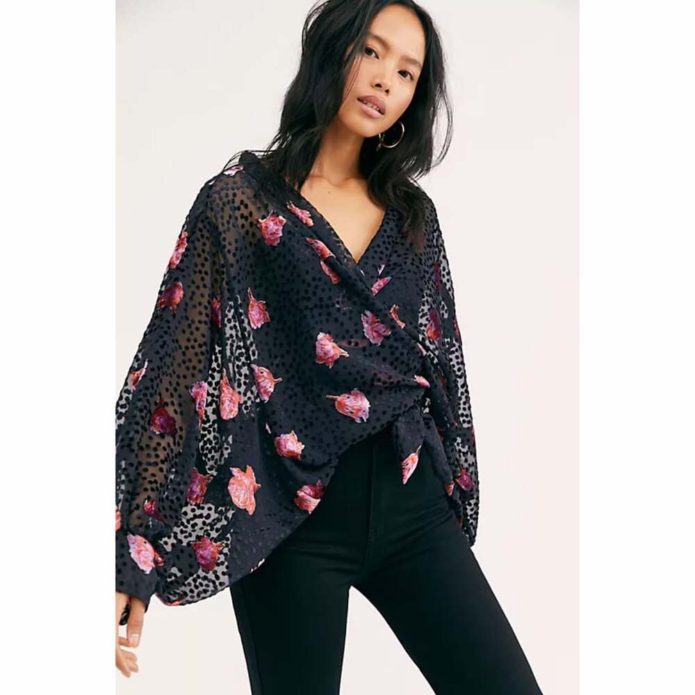 Free People Allure Velvet Burnout Tie Front Sheer Kimono